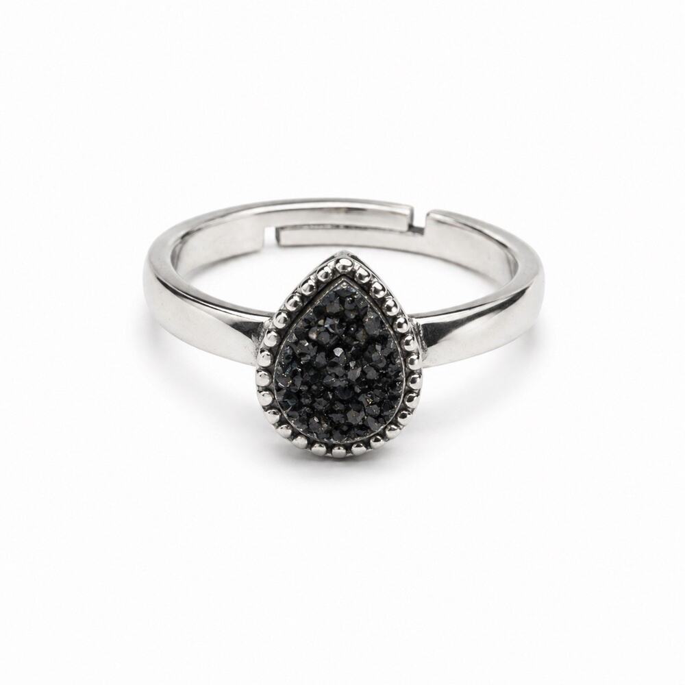 Adjustable 925 Sterling Silver Black Druzy Pear Ring
